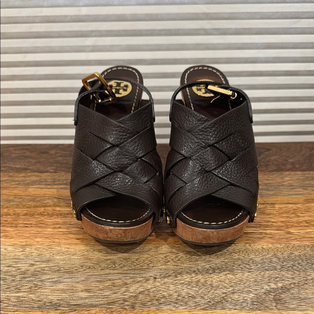 Tory Burch Brown Leather Heels with Woven Design